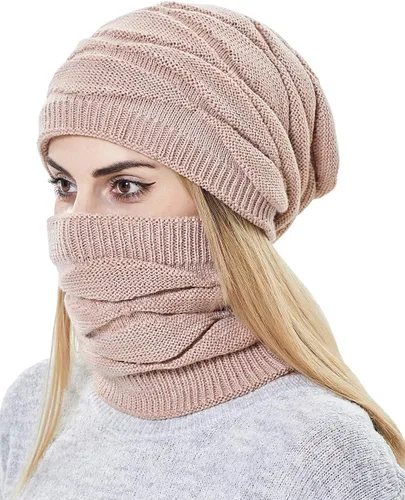Vista 4 de Conjunto de gorro y bufanda para mujer para niñas, gorro de esquí de invierno de punto cálido con forro polar