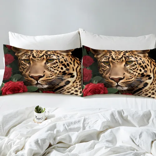 Vista 4 de Erosebridal Juego de sábanas bajeras de rosas rojas y leopardo, tamaño individual, diseño de animales africanos salvajes, diseño de plantas