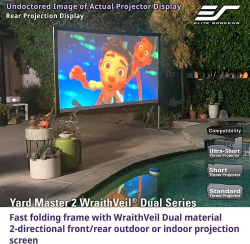 Vista 4 de Pantalla para proyector al aire libre con soporte 16:9, 8K 4K Ultra HD 3D, plegable y rápida YardMaster 2 Dual Proyección delantera y trasera