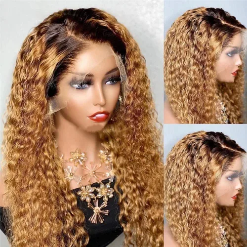 Vista 2 de Pelucas de cabello humano brasileño Remy brasileño con encaje frontal transparente HD de 13 x 6 pulgadas, color rubio miel, para mujeres negras, sin