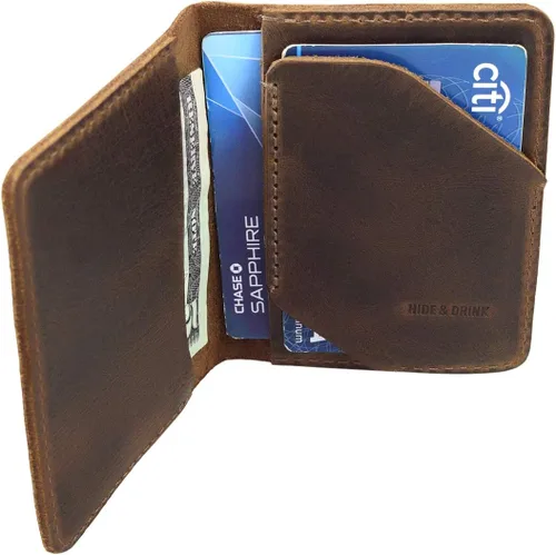 Vista 3 de Hide & Drink, Billetera plegable para tarjetas diagonal, hecha a mano de cuero de grano completo, almacenamiento compacto con clase, profesional