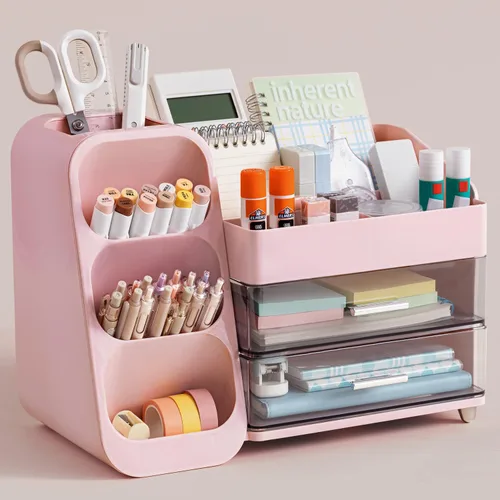 Vista 12 de HBlife Organizador de escritorio con soporte para lápices para escritorio, organizador de bolígrafos con 2 cajones, organizadores de escritorio