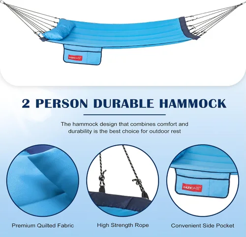 Vista 4 de Lazy Daze Hammocks Hamaca de tela acolchada de 12 pies con barra separadora de aluminio curvada, hamaca doble exterior con almohada suave, bolsillo
