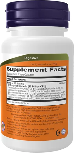 Vista 2 de Suplementos NOW, Probiotic-10™, 25 mil millones, con 10 cepas, 30 cápsulas vegetales