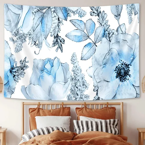 Vista 4 de SAOLUIS Tapiz floral, tapiz de flores azules, tapiz estético floral de acuarela, tapiz floral de poliéster, flores bohemias para colgar en la pared