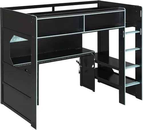 Vista 7 de Harper & Bright Designs Cama loft para juegos con escritorio integrado y luces LED, marco de cama de madera tamaño individual con cajón