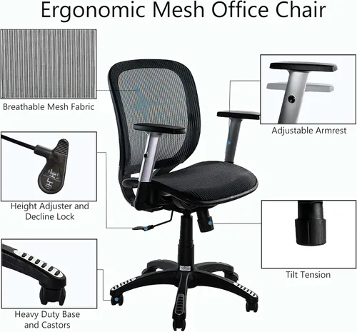 Vista 8 de Silla de oficina ergonómica, silla de oficina, soporte lumbar, silla de oficina de malla con respaldo medio con reposabrazos ajustables, silla