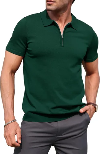 Vista 11 de RQP Camisas polo con cremallera para hombre, camisas casuales de punto de manga corta/larga, camisas de golf elásticas ajustadas, suéter suave