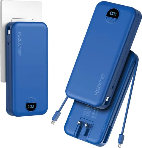 Vista 11 de Banco de poder aonidi de 12000mAh ultraportátil con cables y enchufe de pared AC incorporados, paquete de batería para teléfono celular con carga