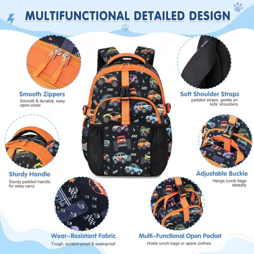 Vista 4 de Mochila infantil para niñas de 4 a 8 años, Blackorange-camión, Lindo