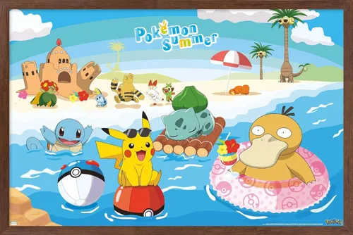 Vista 10 de Trends International Pokémon - Póster de pared de verano, 22.4 pulgadas de largo x 14.7 pulgadas, versión enmarcada en madera de granero