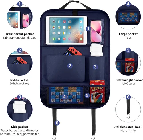 Vista 7 de LUCMO Organizador de asiento trasero de coche con soporte para tableta - 2 piezas, organizador de almacenamiento de coche con 6 bolsillos