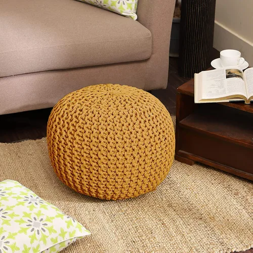 Vista 2 de REDEARTH · Puf otomano redondo - Tejido a mano con cable estilo bohemio, reposapiés circular para decoración del hogar, para sala de estar - Mostaza