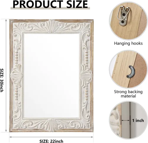 Vista 2 de H HOMEWINS Espejo rectangular rústico, espejo de madera de granja de 22 x 30 pulgadas, espejo de decoración de cuentas naturales talladas