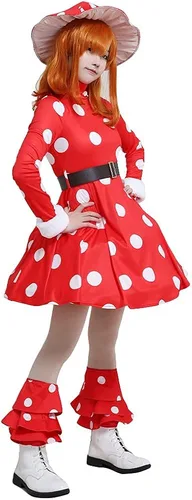 Vista 4 de miccostumes Disfraz de héroe de anime para mujer, disfraz de cosplay de cuello alto de hongo rojo con sombrero
