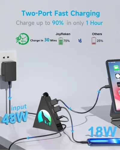 Vista 4 de Hub USB 3.0 alimentado, concentrador de 6 puertos (4 puertos de datos USB 3.0 + 2 puertos de carga inteligente) con adaptador de CA de 48 W, luz RGB