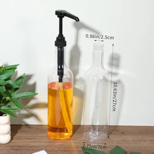 Vista 2 de Botellas de jarabe de 25 onzas con bomba, botellas de cuello largo, dispensador de bomba de jarabe de plástico para cafeterías, accesorios
