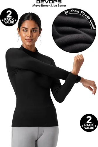 Vista 3 de DEVOPS Paquete de 2 camisetas térmicas de cuello alto de manga larga de compresión para mujer capa base negro / negro