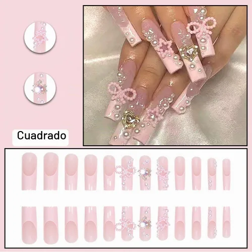 Vista 2 de Lindas uñas postizas largas cuadradas Y2K BAOYAALIN, uñas postizas rosas con diseño de perlas de 3D con aleación de diamantes de imitación, uñas