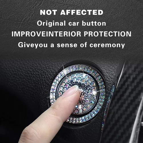 Vista 6 de 2 calcomanías para anillo exterior de un botón de arranque de automóvil, diamantes de imitación brillantes que protegen completamente el botón
