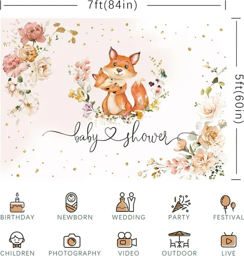 Vista 6 de Telón de fondo para baby shower de zorro para niñas, flores de fotografía con texto en inglés "It's a Girl", fondos de fotografía de animales