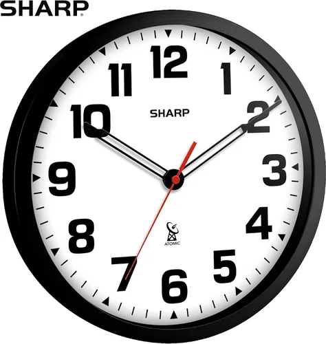 Vista 2 de Sharp Reloj de pared analógico atómico de 12 pulgadas, marco negro elegante, funciona con pilas, fácil de leer, fácil de usar, diseño