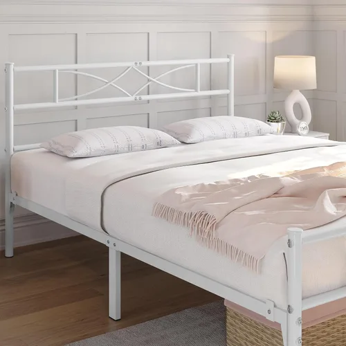 Vista 23 de Yaheetech Base de cama de metal individual, base de cama con plataforma, base de colchón con cabecera y estribo de diseño curvo, soporte resistente