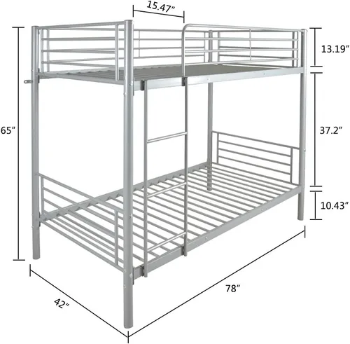 Vista 2 de Marco de cama de metal con plataforma de doble capa, soporte de cama con escalera, valla - gris