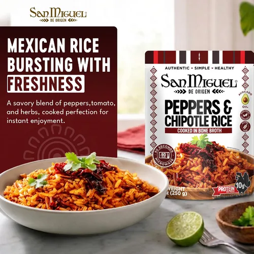 Vista 2 de San Miguel Microondas Chipotle Pimienta Arroz Pimienta, 0.35 oz Proteína Arroz con pimienta chipotle • Caldo de huesos • Aceite de aguacate • 0.35