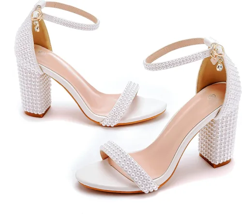 Vista 3 de Sandalias de tacón grueso con perlas de 2.95 pulgadas para mujer, zapatos de tacón grueso con diamantes de imitación para novia, boda, fiesta