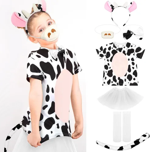 Vista 4 de Bonuci Disfraz de vaca de Halloween para niñas y niños, incluye diadema de vaca, cola, nariz, corbatín, falda, camiseta y pegatina