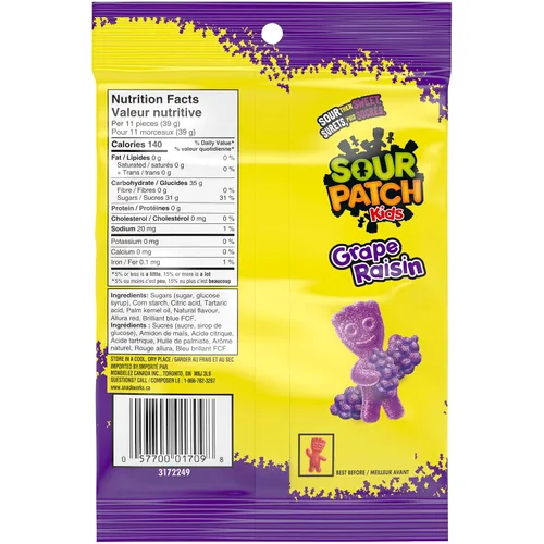 Vista 2 de Maynards Sour Patch Kids, sabor a uva 6.53 oz/6.5 onzas, importado de Canadá)
