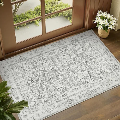 Vista 192 de jinchan Lima - Alfombra simétrica floral geométrica lavable, alfombra de entrada de medio círculo de 2 x 3, alfombra de media luna, suave y Azul
