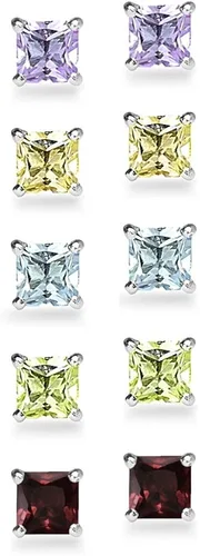 Vista 2 de Juego de 5 pares de aretes cuadrados de plata de ley con amatista, topacio azul, citrino, granate y peridoto de 0.197 in, Metal, Amatista