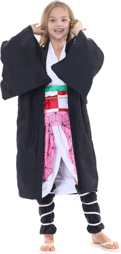 Vista 2 de Disfraz de cosplay rosa para mujeres y niñas, conjunto completo de kimono, uniforme negro, trajes de cosplay para Halloween para niños y adultos