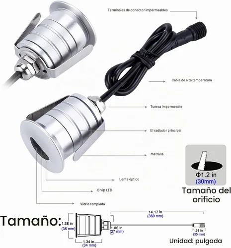 Vista 2 de Luces LED para escalones para exteriores e interiores, 1 W, 12 V-24 V CC, impermeable, IP67, aluminio, 3000 K blanco cálido, iluminación