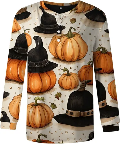 Vista 3 de Camisetas de manga larga para mujer, diseño de botones, blusas con estampado de Halloween, cuello redondo, cómoda camisa casual