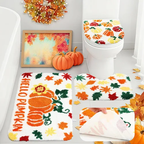 Vista 8 de Breling Juego de 3 piezas de alfombras de baño de Halloween, calabaza, antideslizante, lavable, alfombra de fantasmas, negra y púrpura, cubierta
