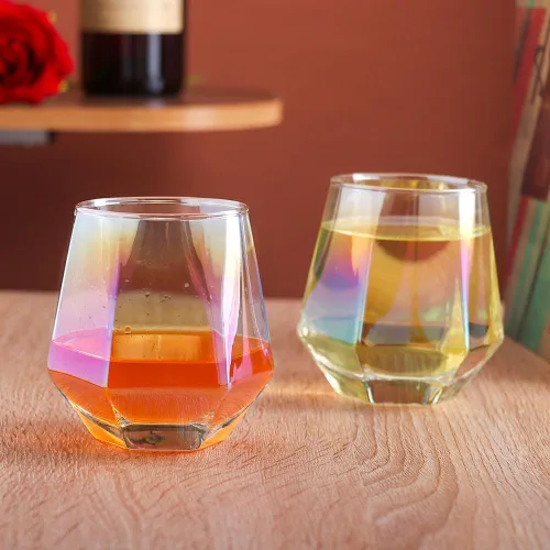 Vista 8 de Gutsdoor Juego de 4 copas de vino sin tallo, copas de vino con forma de diamante, cristalería iridiscente, regalos de boda de compromiso