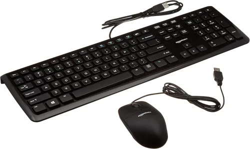 Vista 6 de Amazon Basics - Paquete de teclado y mouse con cable, tamaño completo, diseño QWERTY, negro