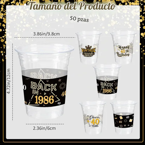 Vista 4 de 50 Piezas Vasos de Plástico para Fiesta de Cumpleaños 40 a Granel, 16 Oz Vasos de Beber Desechables de Plástico Transparente Negro Dorado