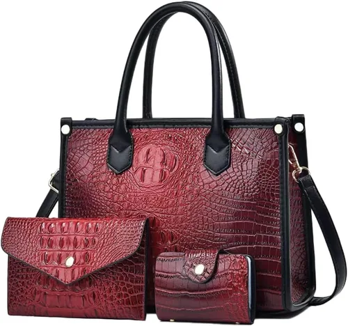 Vista 8 de Bolso y monedero para mujer, 3 piezas, con patrón de cocodrilo, cartera de embrague, tarjetero Gris