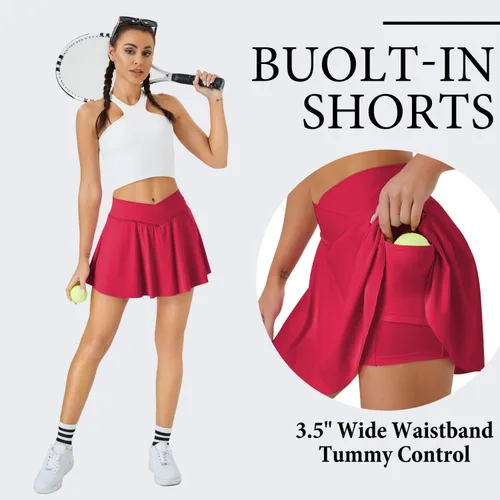Vista 4 de Falda de tenis para mujer con bolsillos, pantalones cortos cruzados de cintura alta, faldas atléticas para golf, correr, entrenamiento