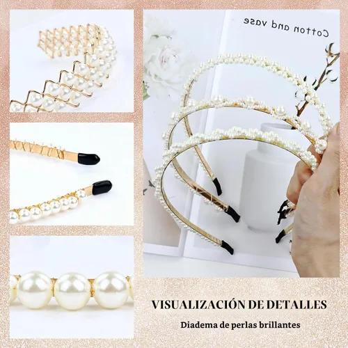 Vista 5 de Cinaci 8 piezas decorativas doradas para boda, fiesta de cumpleaños, graduación, diadema de perlas artificiales con cuentas brillantes, accesorios