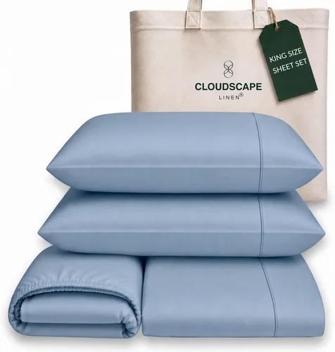 Vista 78 de Cloud Scape Linen - Juego de sábanas de algodón egipcio de doble capa, tamaño individual, tejido de satén de fibra larga, juego de 3 piezas, ropa