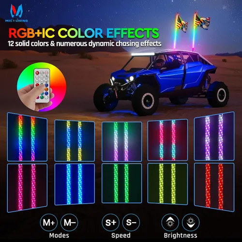 Vista 2 de MICTUNING 1 luz LED en espiral de 3 pies con 4 banderas, control remoto RF, persecución RGB iluminada con interruptor basculante, para UTV, ATV