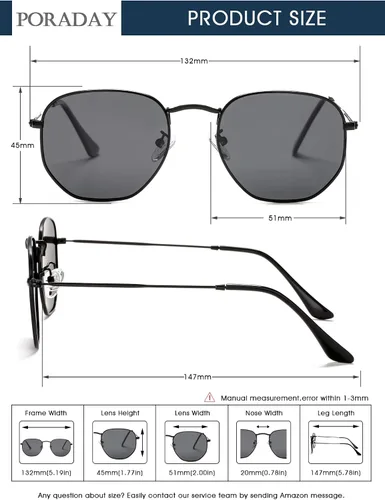 Vista 7 de PORADAY Lentes de sol polarizados hexagonales para mujeres y hombres, vintage, cuadrados, de metal, lentes de sol geométricos