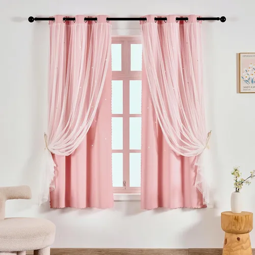 Vista 31 de Anytime - Cortinas para dormitorio de niñas con estrella hueca, cortinas opacas para habitación de niños, cortinas largas para oscurecer