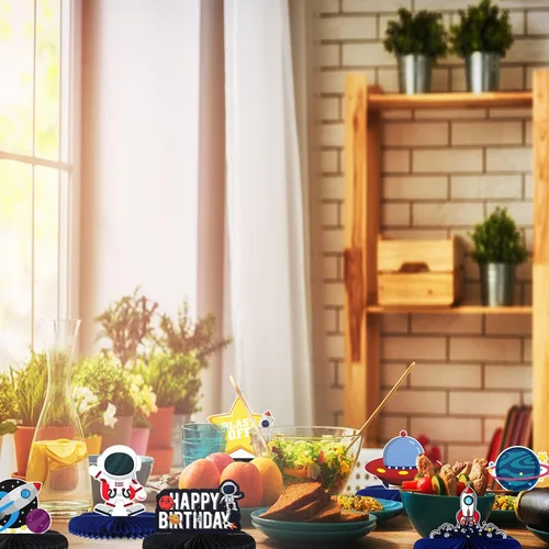 Vista 6 de LINGTEER Outer Space - Centro de mesa de cumpleaños con diseño de panal de abeja, 9 piezas con temática de astronauta Solay, decoración de fiesta