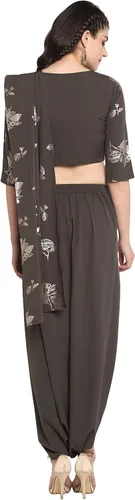 Vista 4 de Janasya Indian Crepe Dhoti Style Sari con blusa para mujer Olive Green